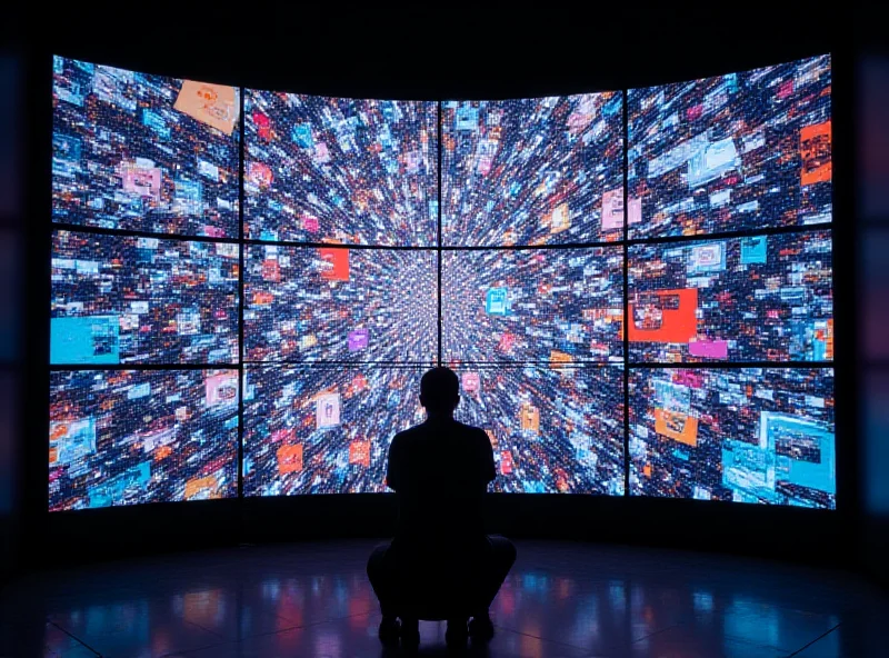 A large, slightly chaotic video wall made entirely out of Chromebooks, displaying a vibrant and abstract visual pattern, with wires slightly visible and a sense of DIY construction.