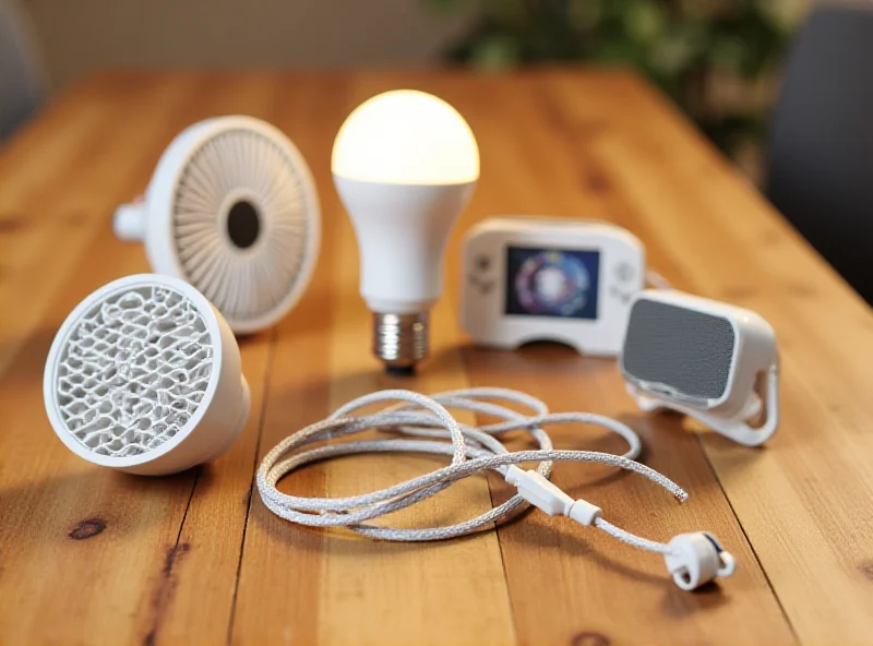 A selection of cheap gadgets from AliExpress laid out on a table, including a smart bulb, a mini fan, and a charging cable.