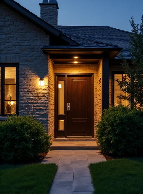 A modern home exterior with a security camera mounted above the front door, illuminated by soft evening light.