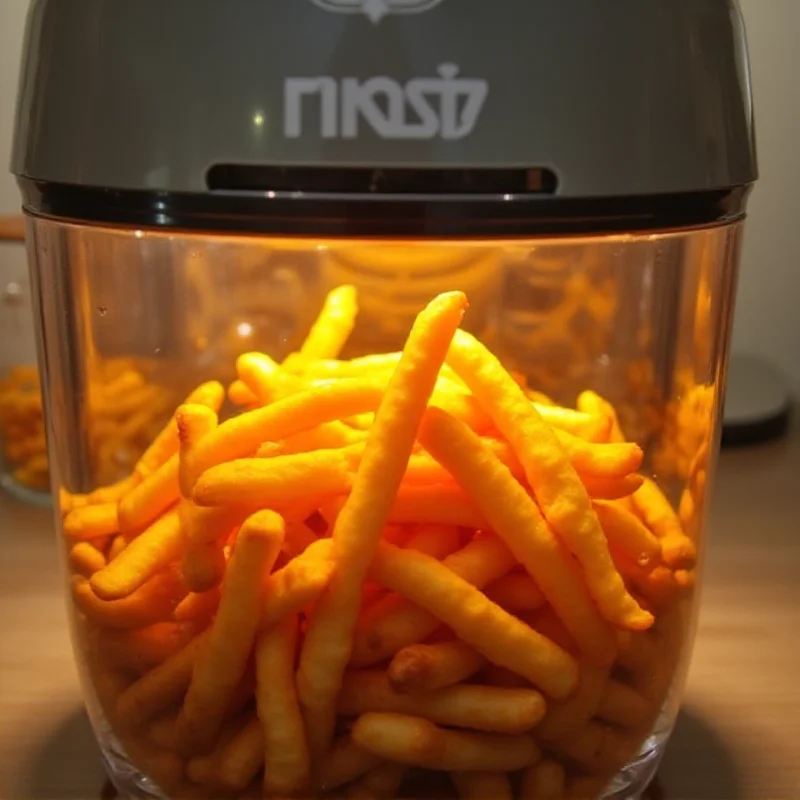 A close-up shot of a Ninja Crispi air fryer with its glass cooking chamber visible, filled with golden-brown french fries.