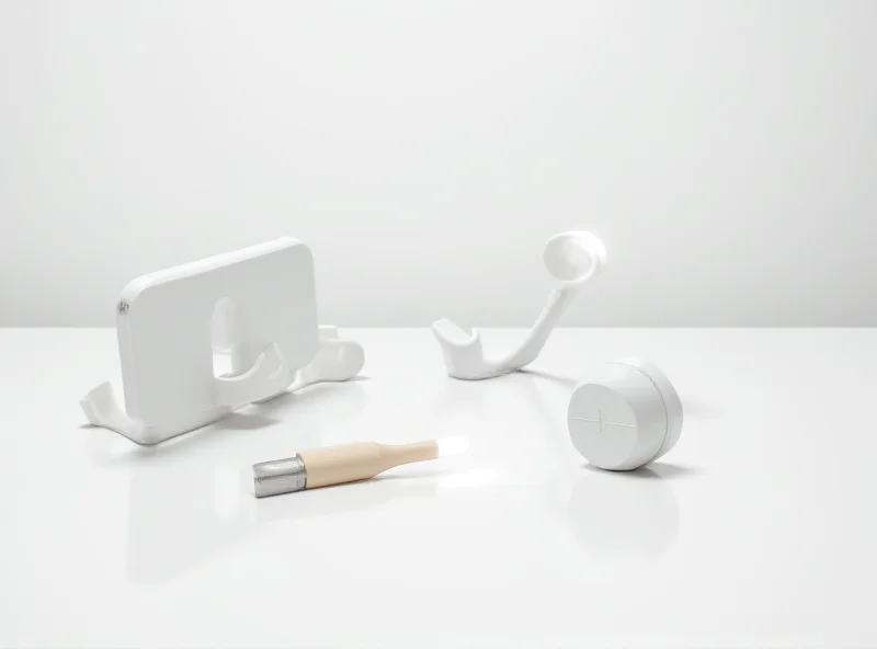 Close-up of various small tech gadgets like phone stands, cleaning brushes, and USB lights arranged on a table.