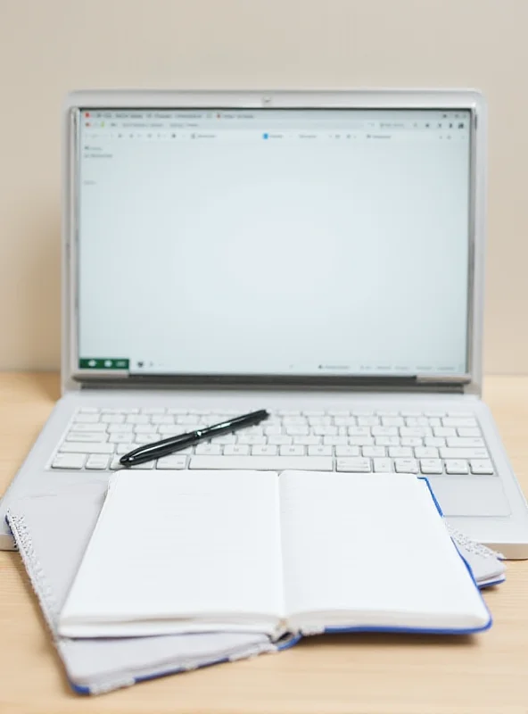 A sleek, modern laptop sitting on a wooden desk with a notebook and pen beside it. The screen displays a clean, professional interface.