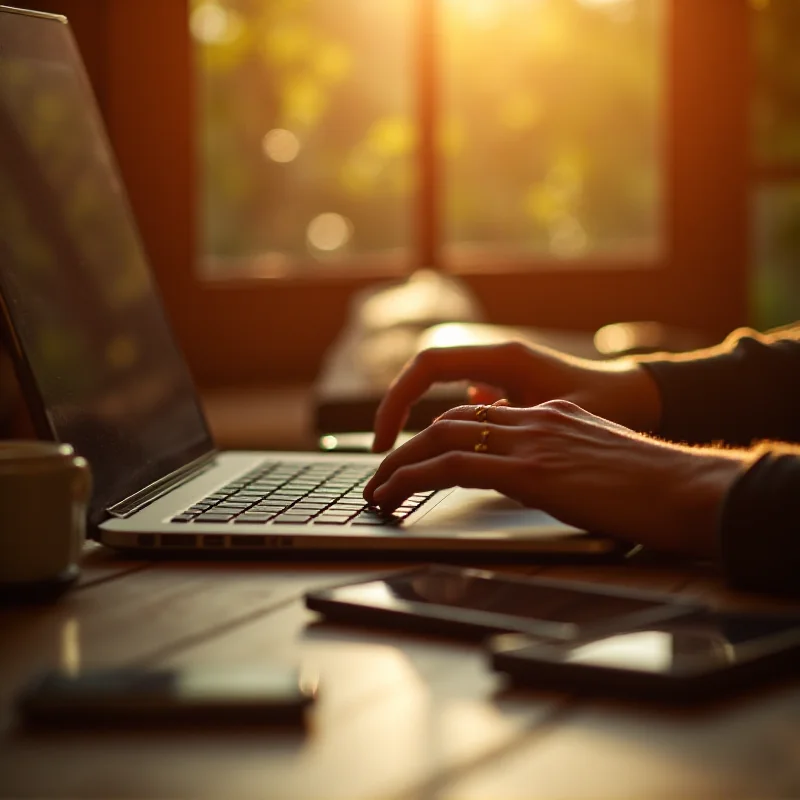 Hands typing on a laptop keyboard with a cup of coffee and a smartphone nearby, bathed in warm sunlight.