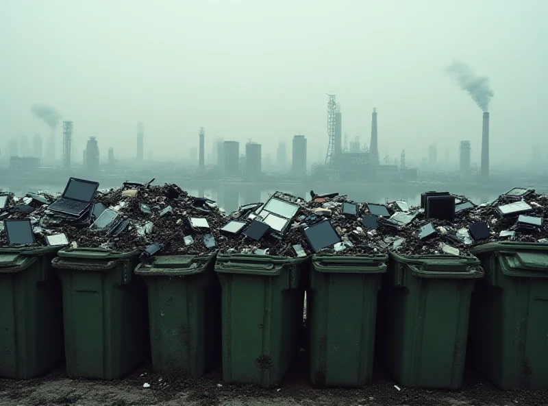 Illustration of overflowing e-waste bins with a cityscape in the background, symbolizing environmental strain from technology.