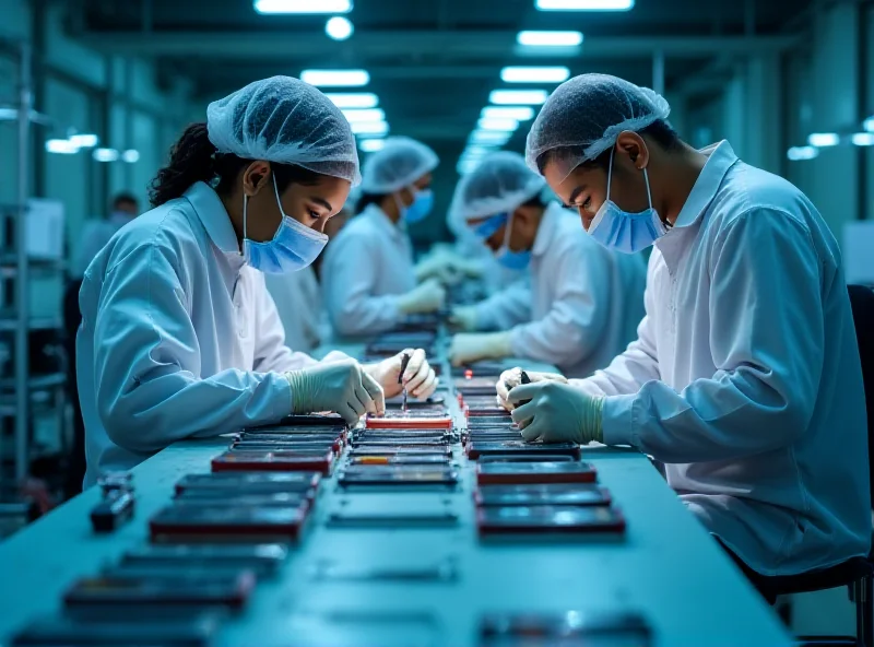 Assembly line in India with workers assembling iPhones, showcasing the manufacturing process and technological advancement.