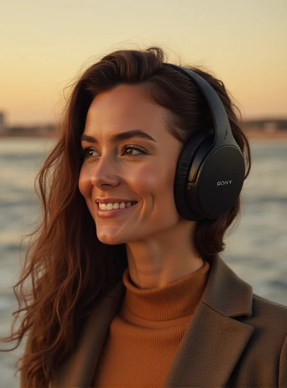 A person wearing Sony WH-1000XM5 headphones, looking relaxed and enjoying the music