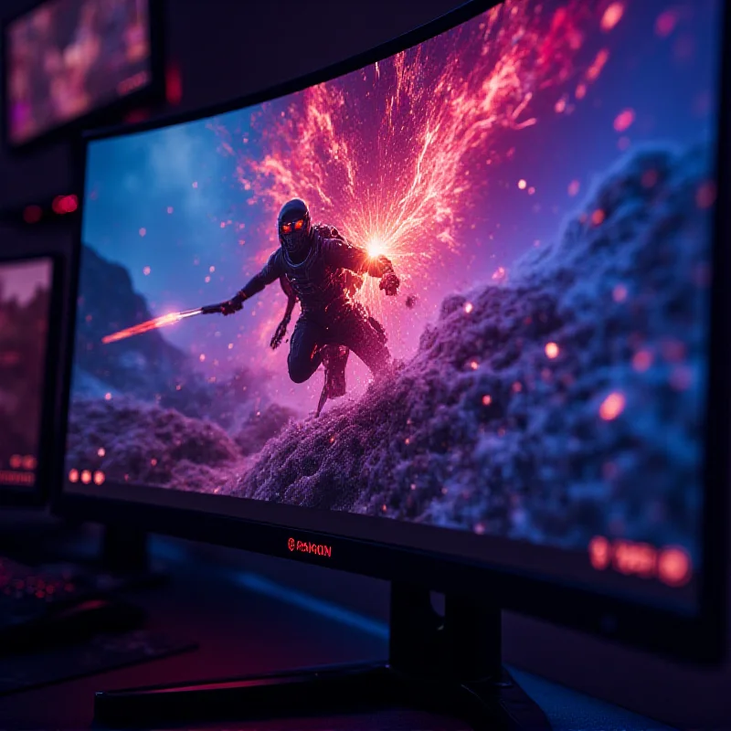 Close-up of the Odyssey Neo G7 gaming monitor displaying vibrant and detailed graphics from a video game