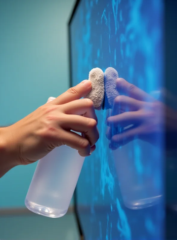 Close up of a person cleaning a flat screen TV with a microfiber cloth and cleaning solution