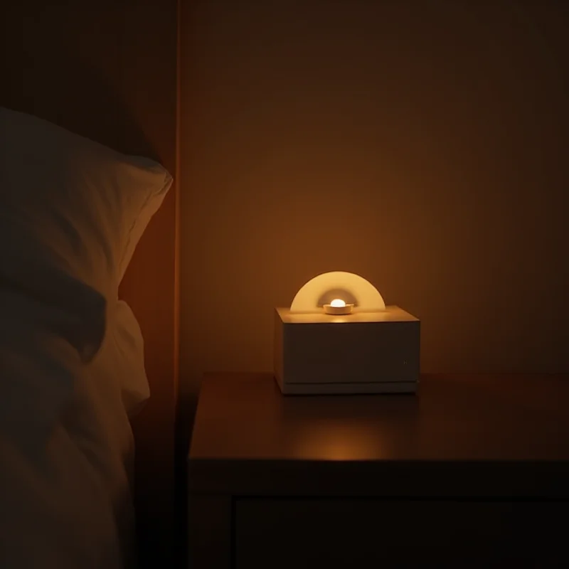 The Hatch Restore 3 sunrise alarm clock on a bedside table, gently illuminated