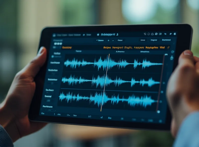 AI dubbing interface on a tablet, showing waveforms and text translations.