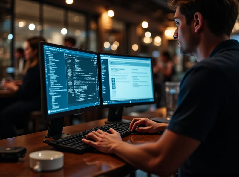 Person working on a Thanko dual-screen portable monitor in a coffee shop, with various windows and applications open.