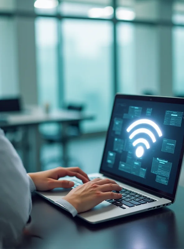 A person working on a laptop with a WiFi symbol displayed prominently on the screen.