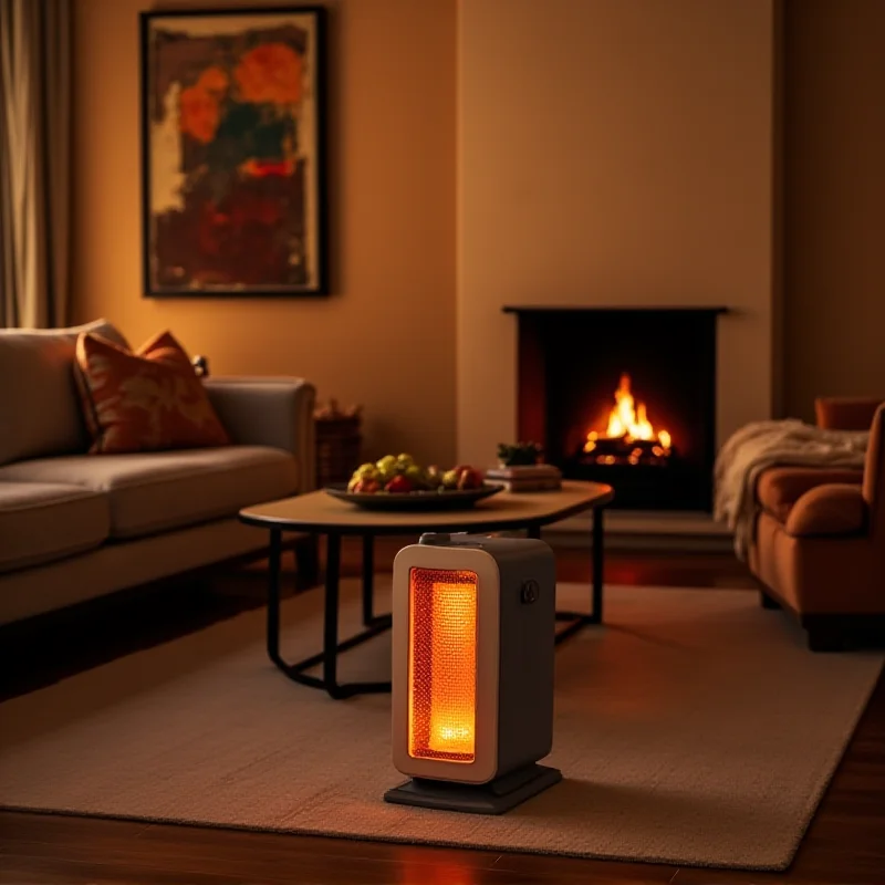 A modern space heater warming a cozy living room with a fireplace in the background.