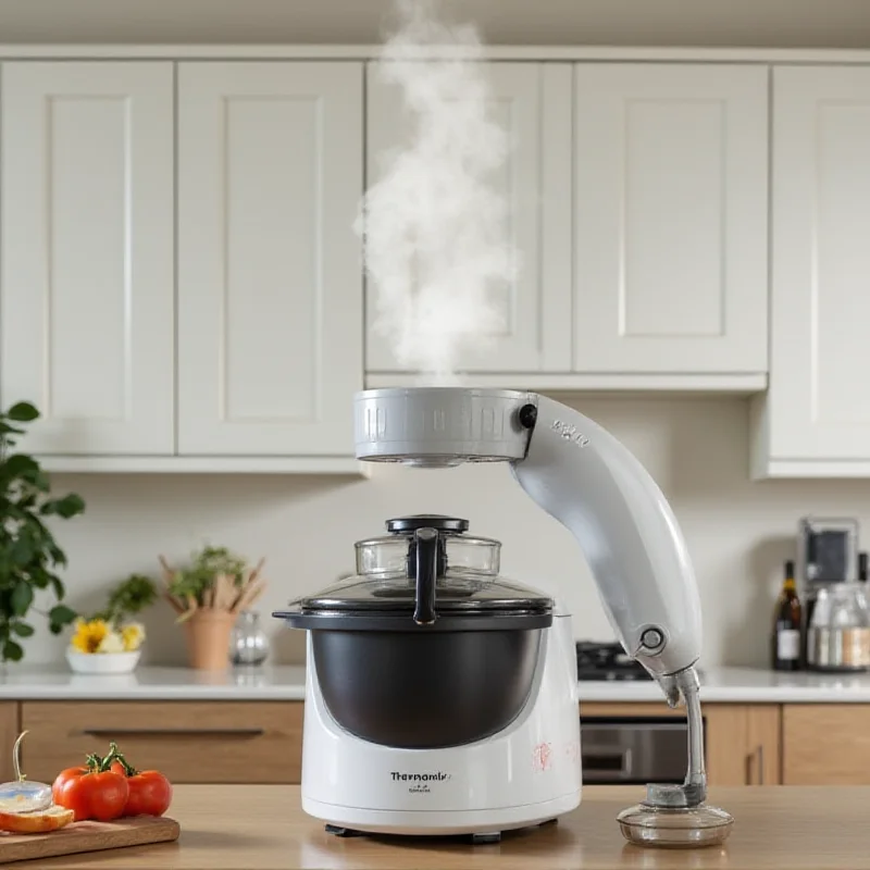 A Thermomix kitchen robot with a vapor diverter attached, demonstrating its ability to redirect steam away from cabinets and furniture.