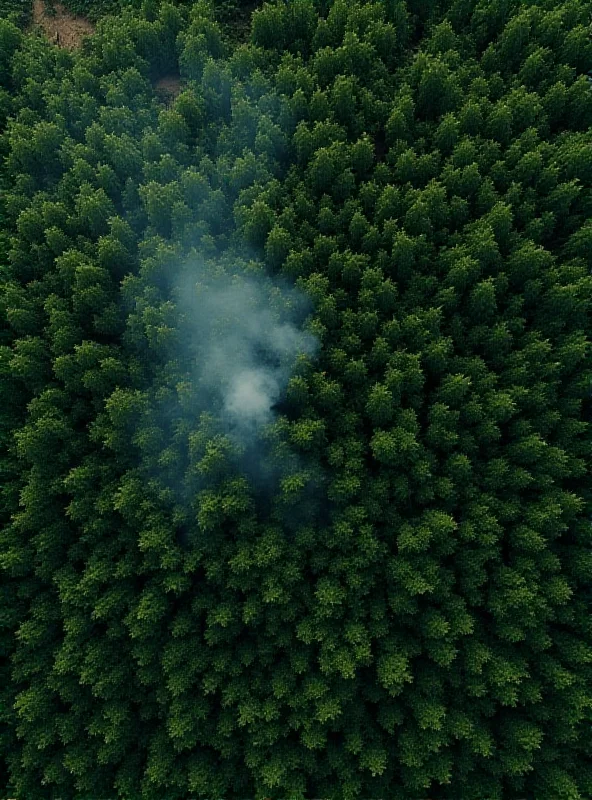 Satellite view of a forest with a small area of smoke indicating a potential wildfire.