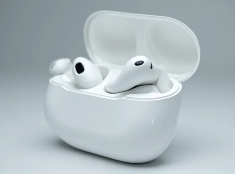 Close-up of Apple AirPods Pro in their charging case, showcasing their sleek design and noise-canceling capabilities.