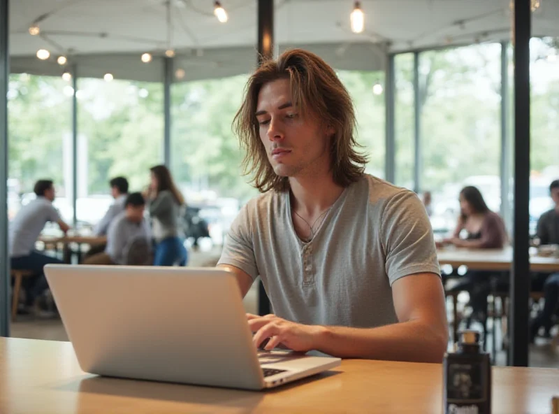 A person working on a MacBook Air in a bright, modern coffee shop, showcasing the laptop's sleek design and portability.