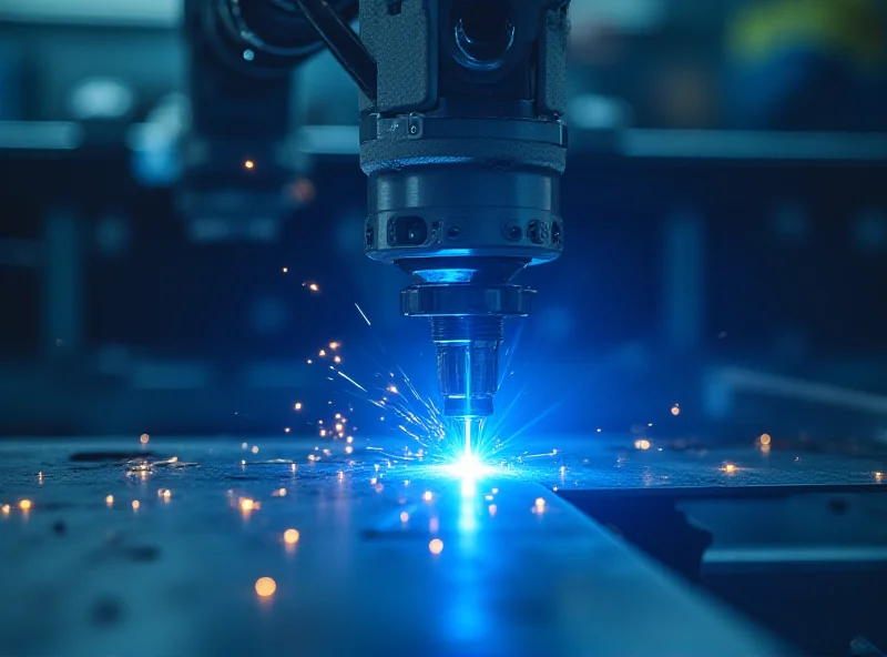 A futuristic laser welding machine in operation, emitting a bright blue light.