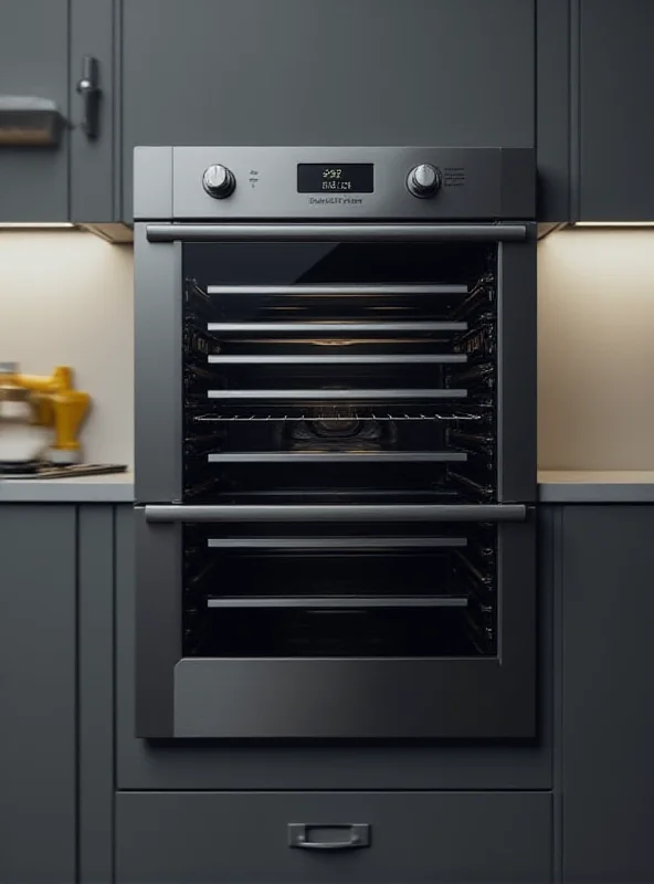 Modern, sleek oven with digital display showcasing cooking settings.