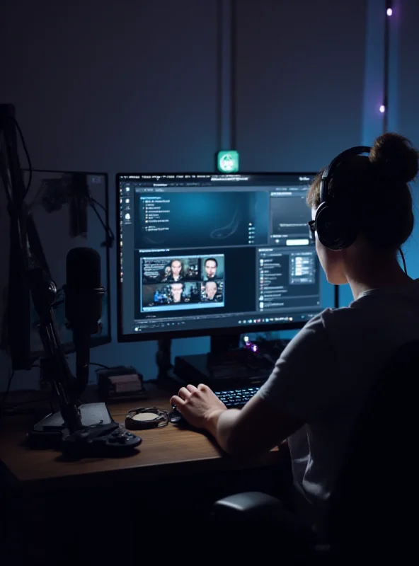 A person using a computer with Discord open and a microphone in front of them, with a voice changer application visible on the screen.