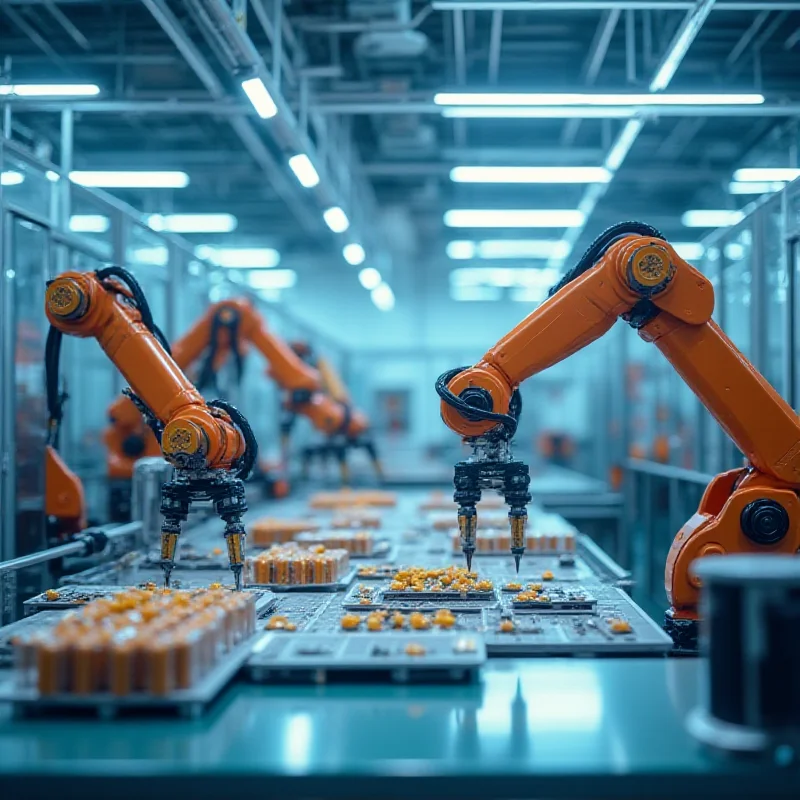 A futuristic factory floor with robotic arms assembling products, showcasing the advanced technology of NEURA Robotics.