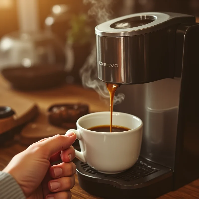 A person pouring coffee from a modern coffee maker into a mug.