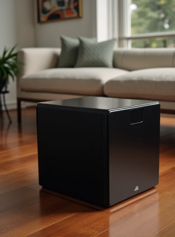A sleek Q Acoustics Q Sub subwoofer sitting on a hardwood floor.