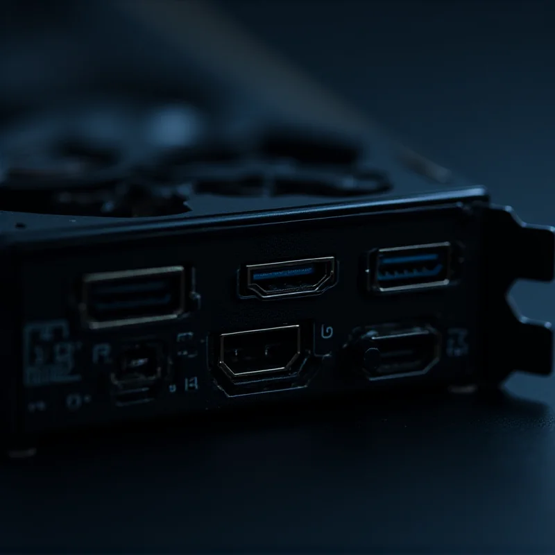 A close up of the ports on the back of a graphics card, highlighting the complexity of GPU hardware.