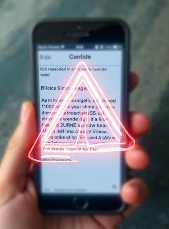 A smartphone displaying a fraudulent E-ZPass text message with a warning sign overlayed.
