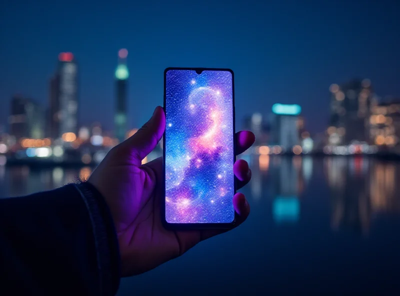 A person holding a Samsung Galaxy S25 phone in their hand, showcasing the sleek design and vibrant display. The background is a blurred cityscape at night.