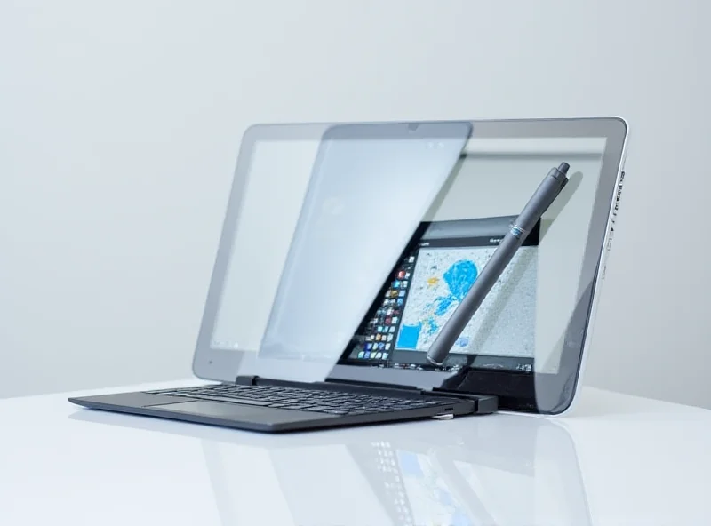 The HP OmniBook Ultra Flip 14 in tablet mode, with a stylus pen resting on the screen. The laptop is showcasing a vibrant display and a sleek, modern design.