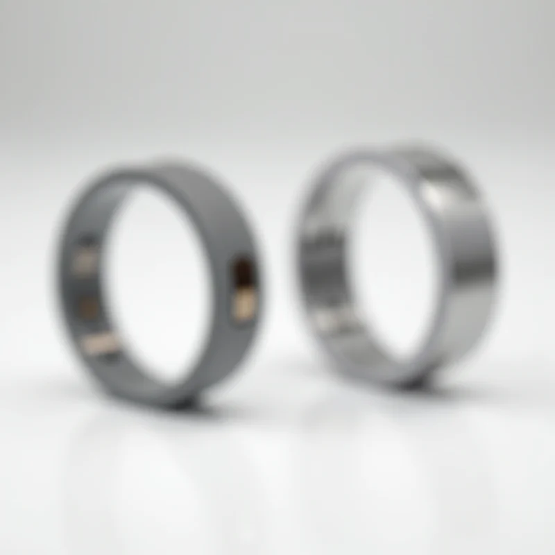 Close-up shot of two Oura Rings, one Oura Ring 3 and one Oura Ring 4, side-by-side on a white surface. The focus is on the subtle design differences and the sensors on the inside of the rings.