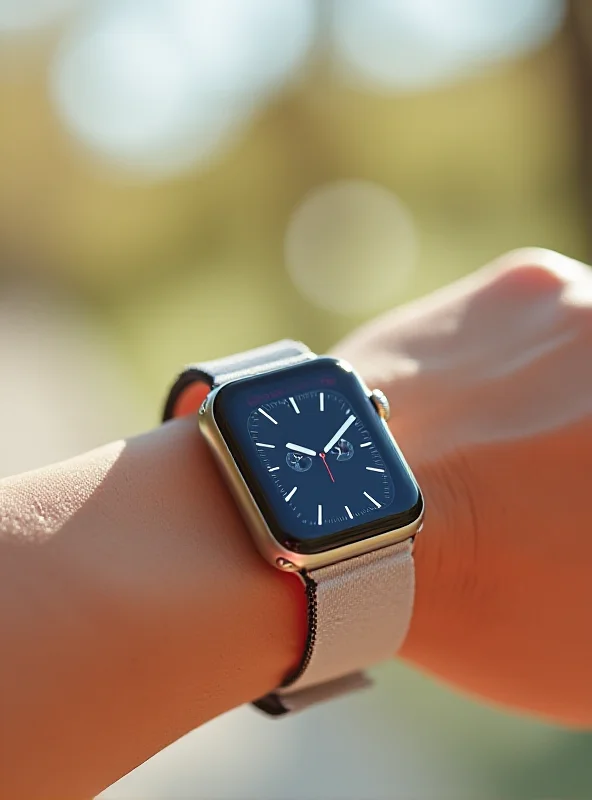 Close-up shot of an Apple Watch displaying the time, with a blurred background showing a person wearing the watch while exercising.