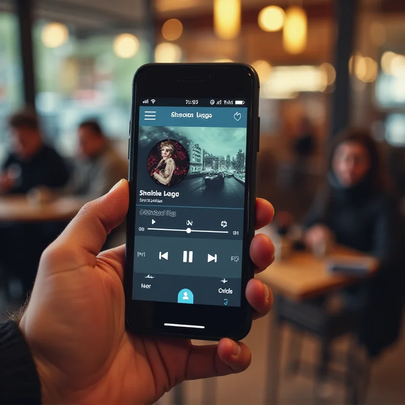 A person holding their smartphone with the Shazam app open, displaying a song title and artist information.