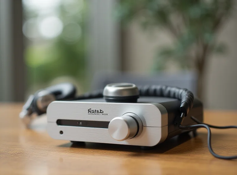 Sleek silver Rotel headphone amplifier on a wooden desk with headphones plugged in.