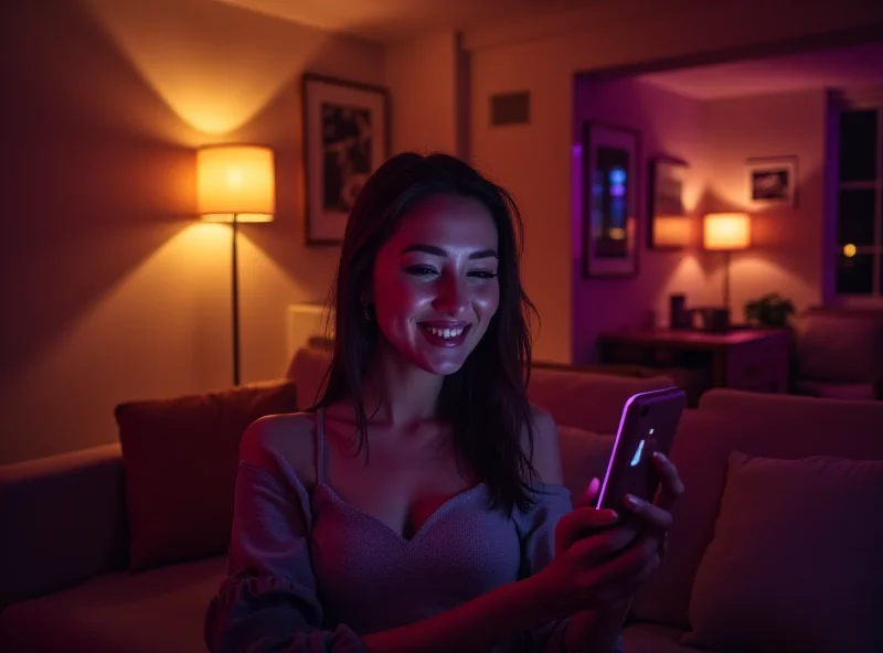 A person using a smartphone to control smart lights in their living room.