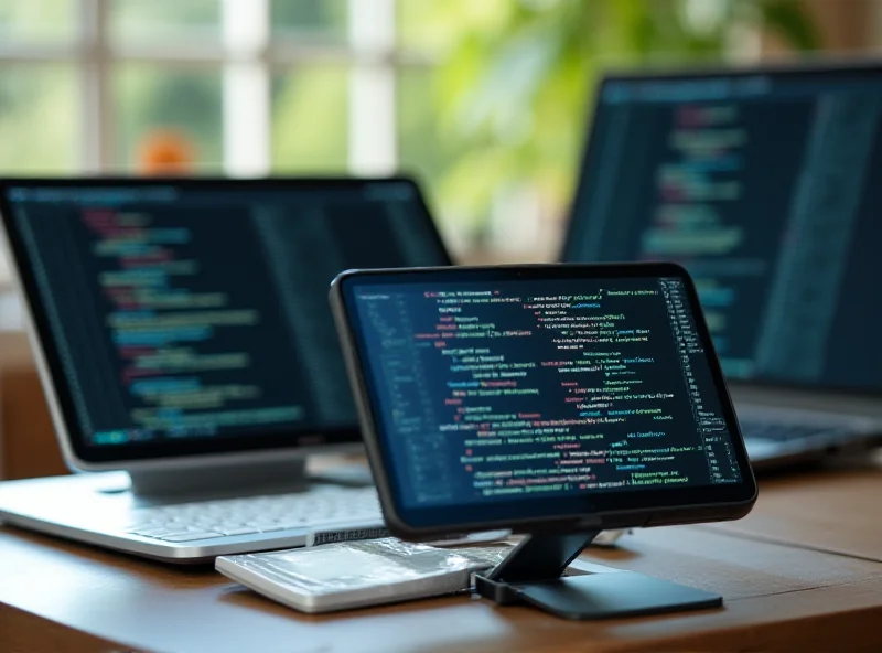 An Android tablet being used as a second monitor for a laptop, showing a coding interface.