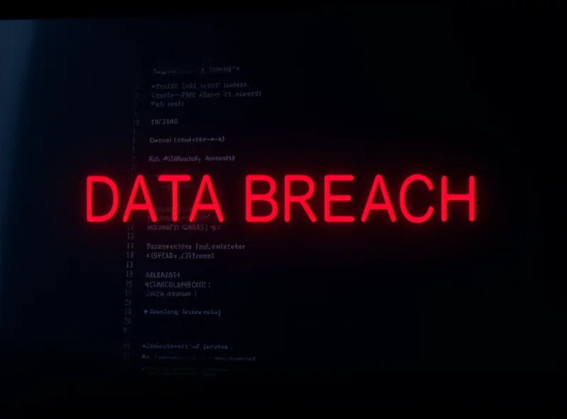 A dramatic image of a computer screen with lines of code and the words 'Data Breach' in red.