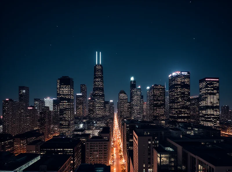 A cityscape of Chicago at night, with bright city lights and tall buildings.