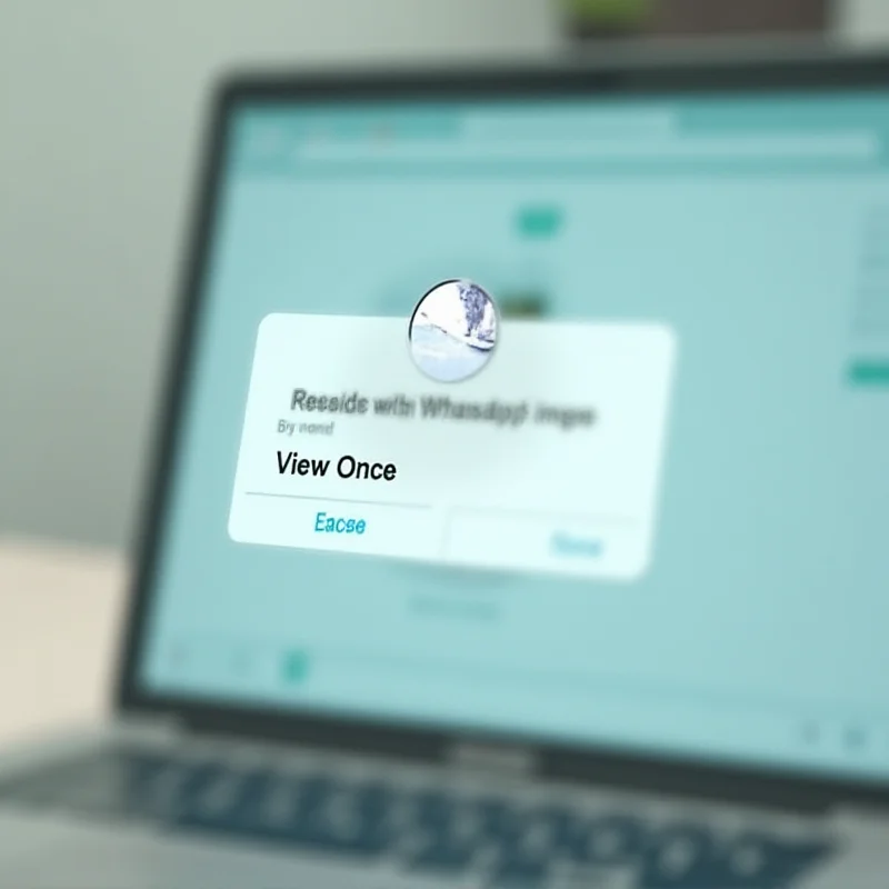 A mockup of a WhatsApp chat window showing a 'View Once' image being opened on a linked device, such as a laptop.