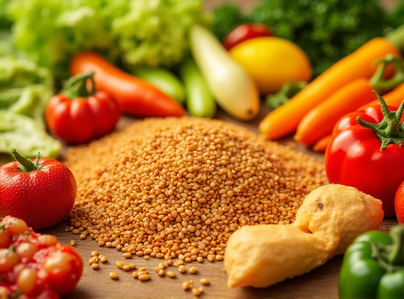 Close-up shot of various colorful, nutritious ingredients like fresh vegetables, grains, and legumes laid out on a wooden table, representing a balanced and accessible diet.