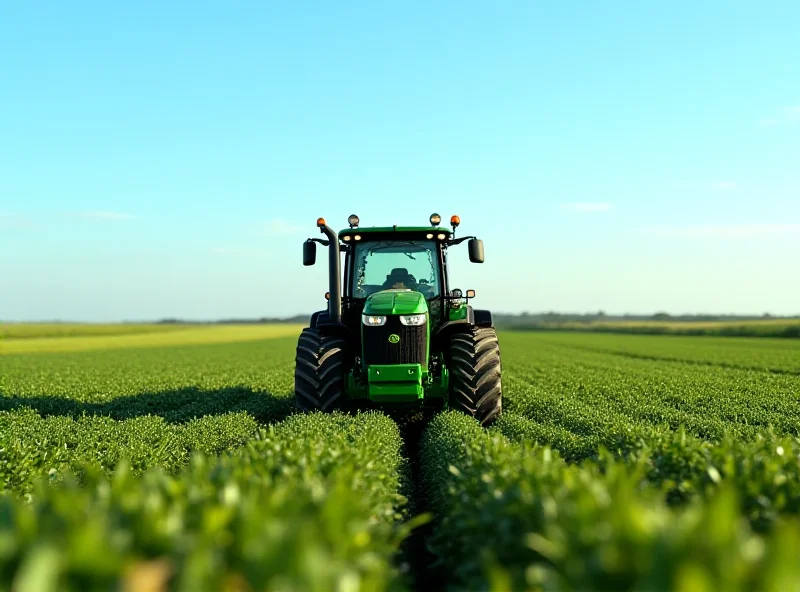 A modern tractor equipped with GPS technology driving through a vast field of crops under a clear blue sky, symbolizing the integration of technology in agriculture.