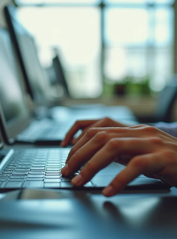 Close up of a person's hands typing on a laptop keyboard in a brightly lit office environment.