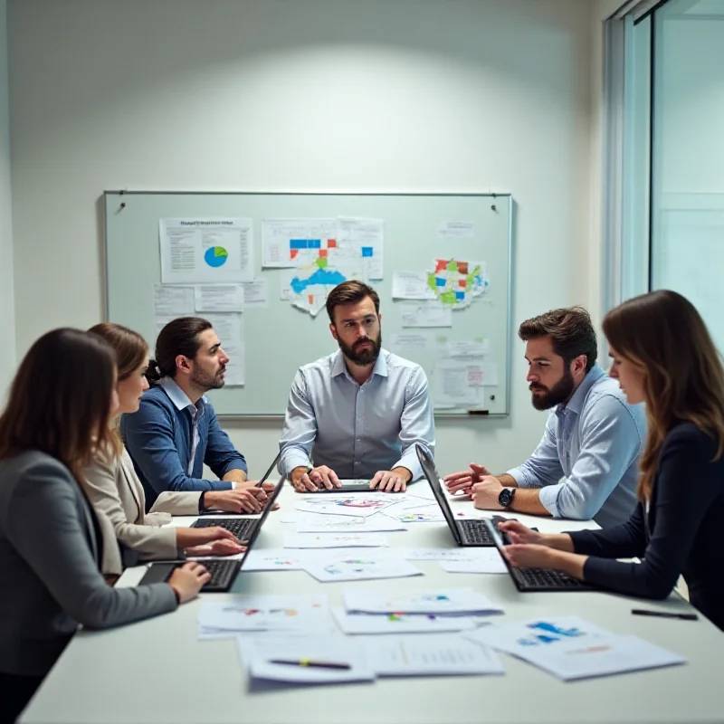 A diverse group of business professionals in a modern office, collaborating around a table with laptops and documents, with a whiteboard in the background displaying charts and graphs.