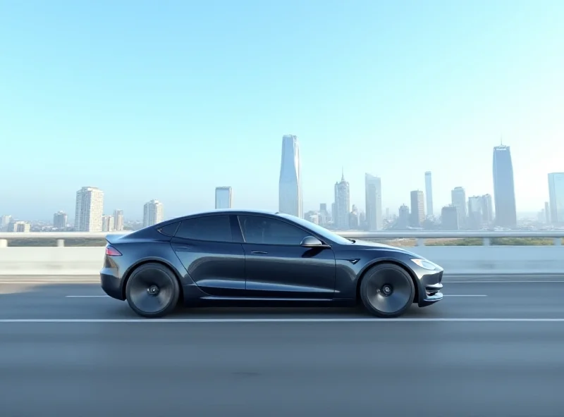 A Tesla electric car driving on a highway with a futuristic cityscape in the background.