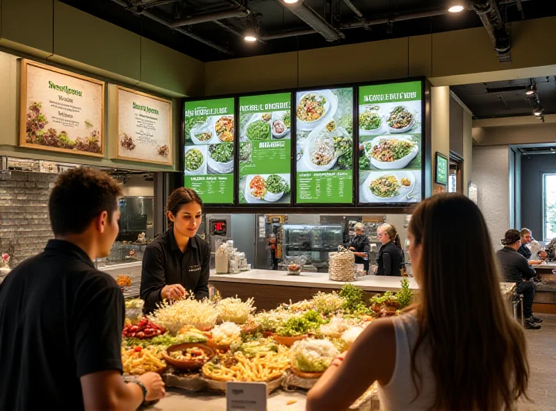 A modern Sweetgreen restaurant interior with customers ordering salads and fries. The Infinite Kitchen automated system is visible in the background.