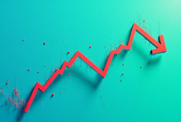 A stylized image of a stock ticker with arrows pointing up and down, representing the volatility of the market.