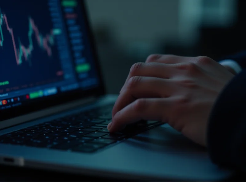 Close-up of a person's hands typing on a laptop keyboard, with stock market data visible on the screen in the background.