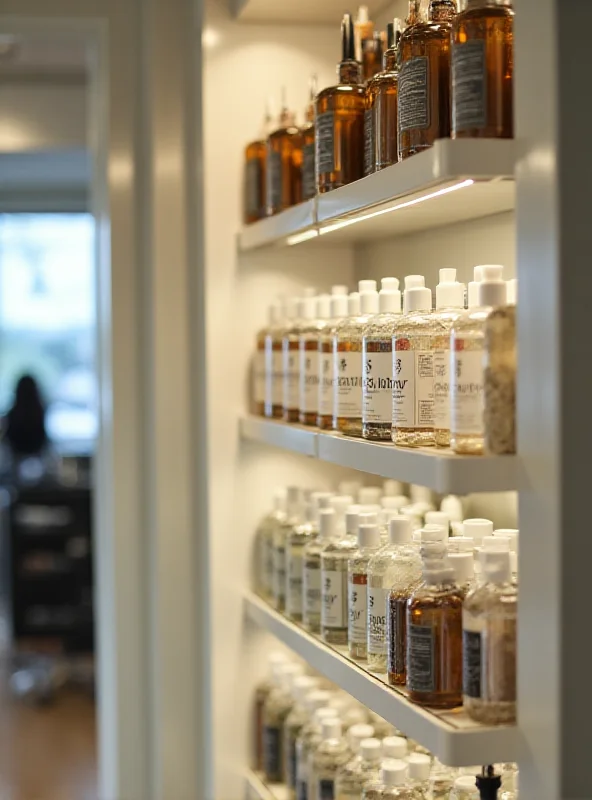 A brightly lit salon interior, focusing on shelves displaying various Olaplex hair care products. The shelves are neatly organized, and the Olaplex bottles and containers are clearly visible. Soft, diffused light creates a welcoming atmosphere, emphasizing the professional setting.
