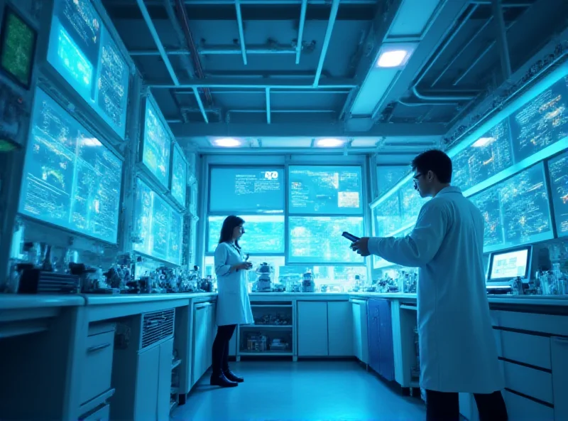 A futuristic image of a lab with robotic arms and AI interfaces, representing Recursion Pharmaceuticals' AI-driven drug discovery platform.